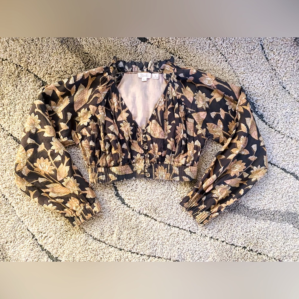 Anthropologie Black Floral Puff-Sleeved Blouse  Size S Button Front Vneck NWOT
